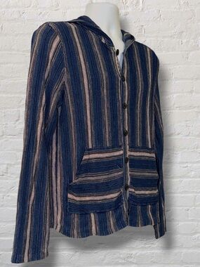Lucky Brand Baja Style Hoodie Small Blue Striped Boho Surf Festival Jacket